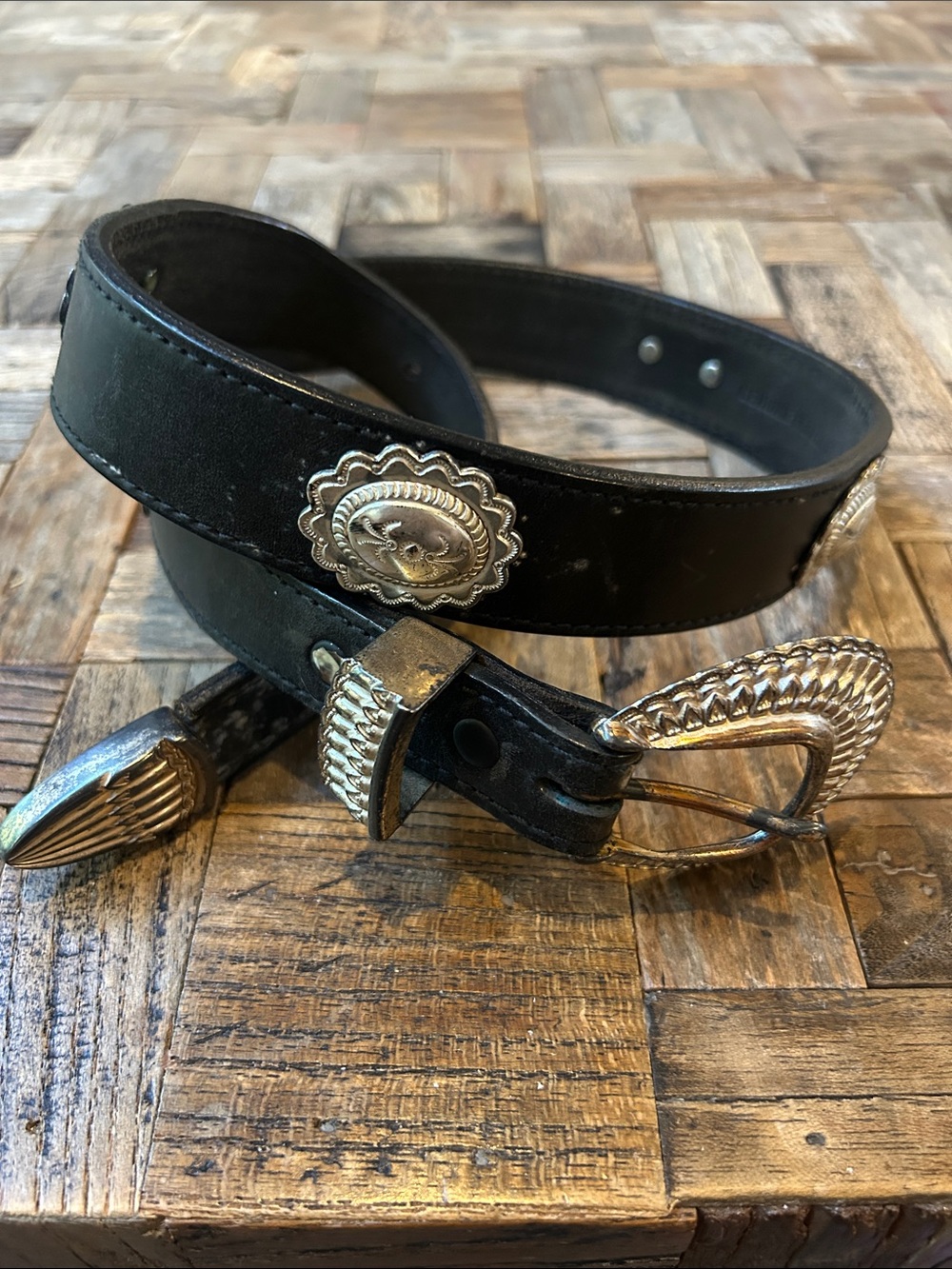 Resistol Black Leather Belt with Decorative Silver Tone Buckle